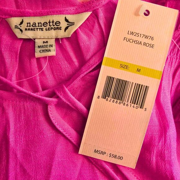 NWT Nanette Lepore Blouse Pink Short Sleeve Tie Neck Boho Peasant Barbie Medium - Picture 3 of 5
